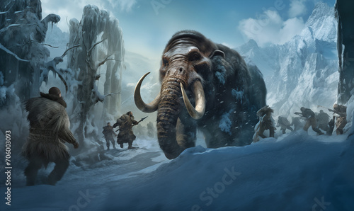 Primitive hunters facing a huge mammoth in a frozen forest 