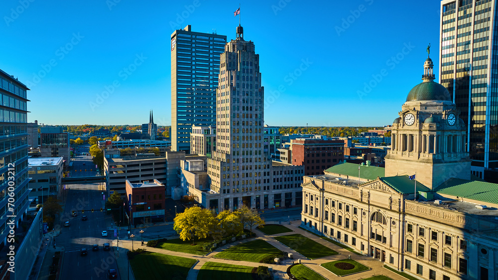 Aerial View of Diverse City Architecture on Sunny Day in Downtown Fort Wayne