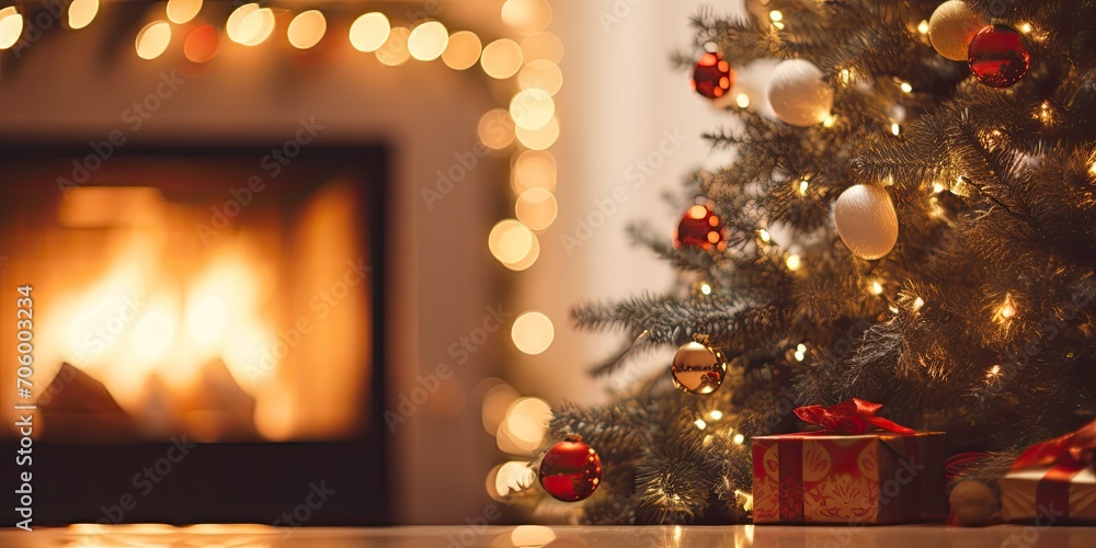 Blurred fireplace background with close-up Christmas tree.