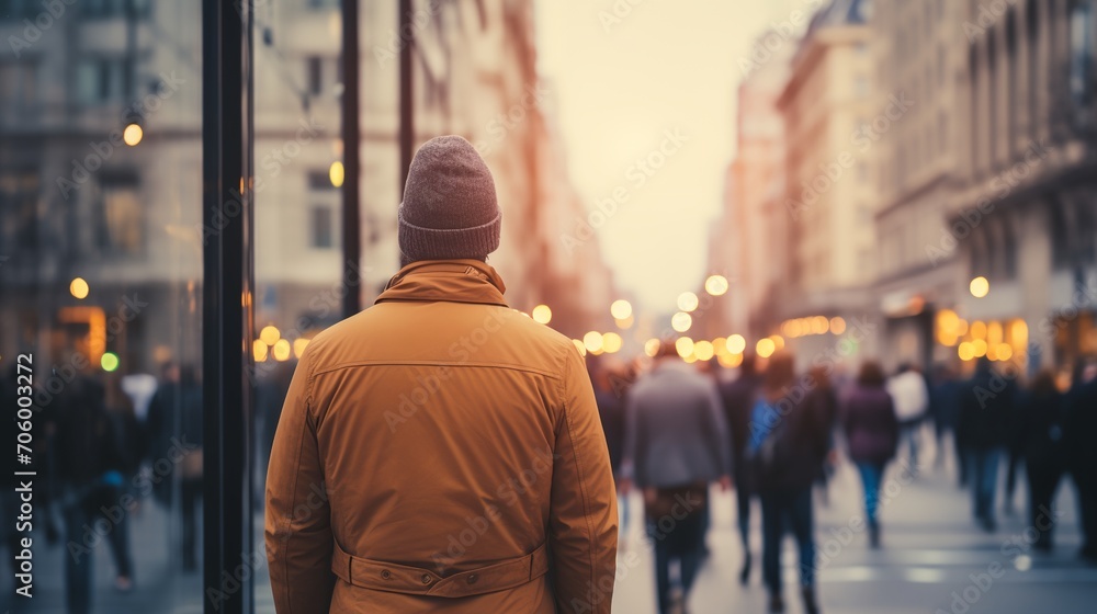 a person in a yellow jacket and a hat is walking down a street with a lot of people a person in a yellow jacket and a hat is walking down a street with a lot of people