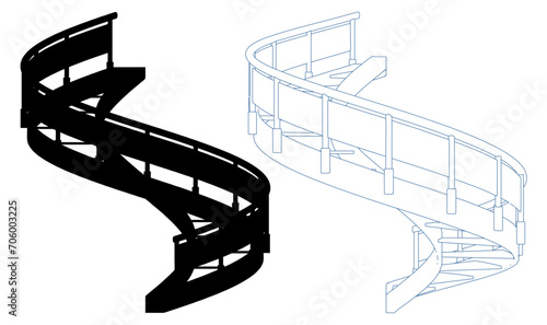 Spiral Staircases Vector. Illustration Isolated On White Background. A Vector Illustration Of The Circular Helical Stairs.