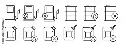 Car petrol or diesel fuel pump station vector icon set. fossil oil drum sign. refuel canister symbol.