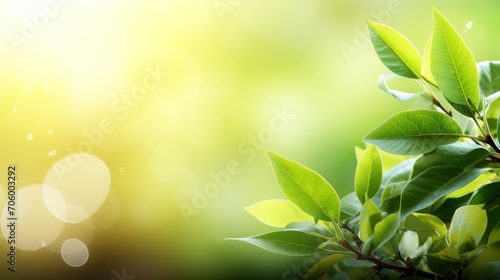 Green bio background with blurred foliage  bright sunlight  and copyspace for text or ad