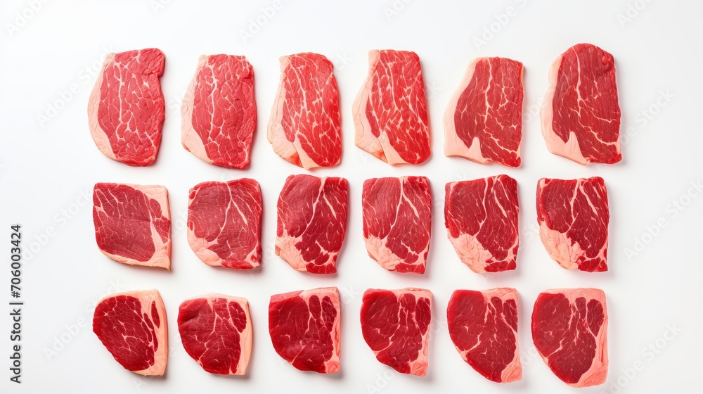 Delicious assortment of different raw steaks, top view, isolated on a pristine white background Delicious assortment of different raw steaks, top view, isolated on a pristine white background
