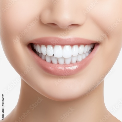 Snow-white smile of a woman, advertising of teeth whitening products or dental clinic. White background.