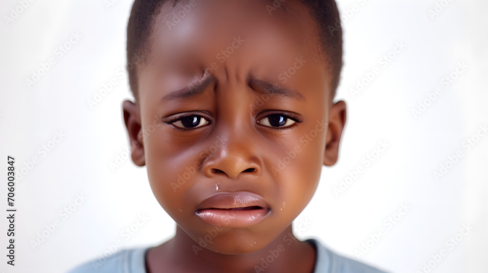 African child cries with tears on his face white background African child cries with tears on his face white background