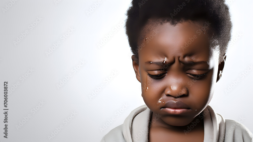Obraz premium African child cries with tears on his face white background