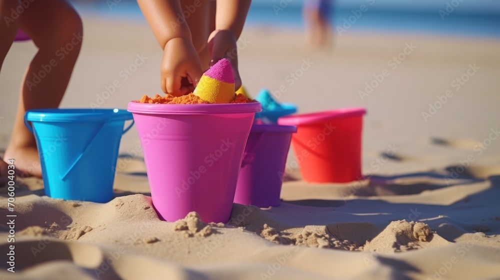 Kids playing in the sand with colorful buckets and shovels, beach vacation with children Kids playing in the sand with colorful buckets and shovels, beach vacation with children