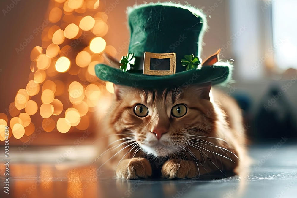 cat with leprechaun hat decorated with shamrock leaves cat in a green hat  St. Patrick`s Day cat