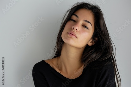 Modern fashion portrait of a Latino woman, chic and contemporary, white background