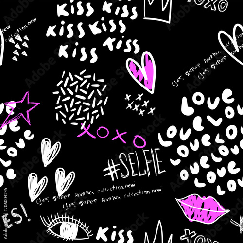 Abstract seamless chaotic pattern with urban elements, graffiti words, heart, lips. Grunge texture background. Wallpaper cool teen style