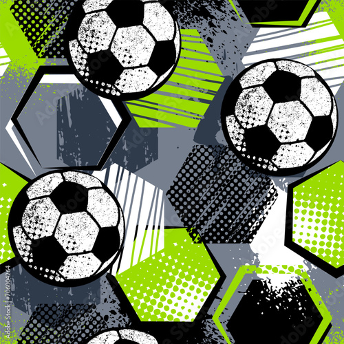 Abstract seamless pattern with urban geometric elements, scuffed, drops, spots. Sport neon texture background. Football and soccer ball  wallpaper.