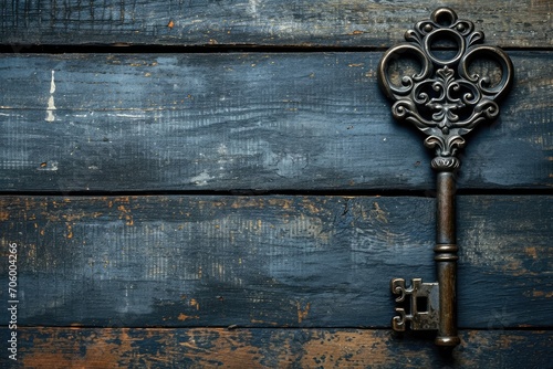 Ornate antique key on a dark wooden surface