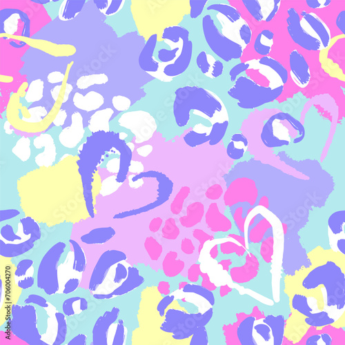 Abstract seamless chaotic leopard print with hearts elements. Grunge texture background. Wallpaper for girls. Fashion style pattern
