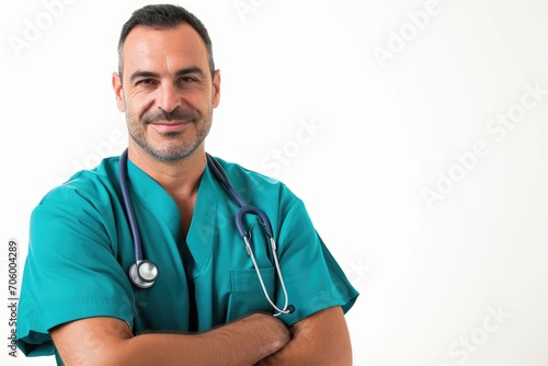 Professional portrait of a doctor in scrubs, knowledgeable and skilled, white background