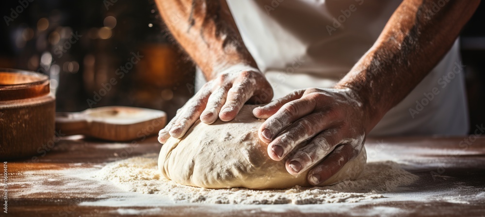 Skilled baker kneading dough for fresh bread in bakery   blurred background with copy space