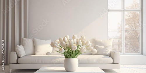 Modern living room adorned with white tulips.