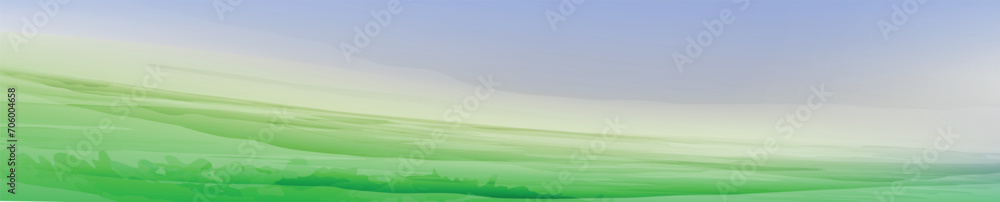 Watercolor spring. Horizontal banner with blue sky, mountain, fields. Place for text. Watercolor textured vector background. 