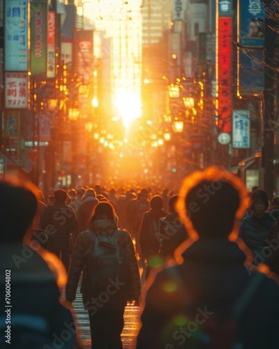crowd at sunset in the middle of the city © augieloinne