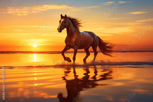 horse running on the beach at sunset