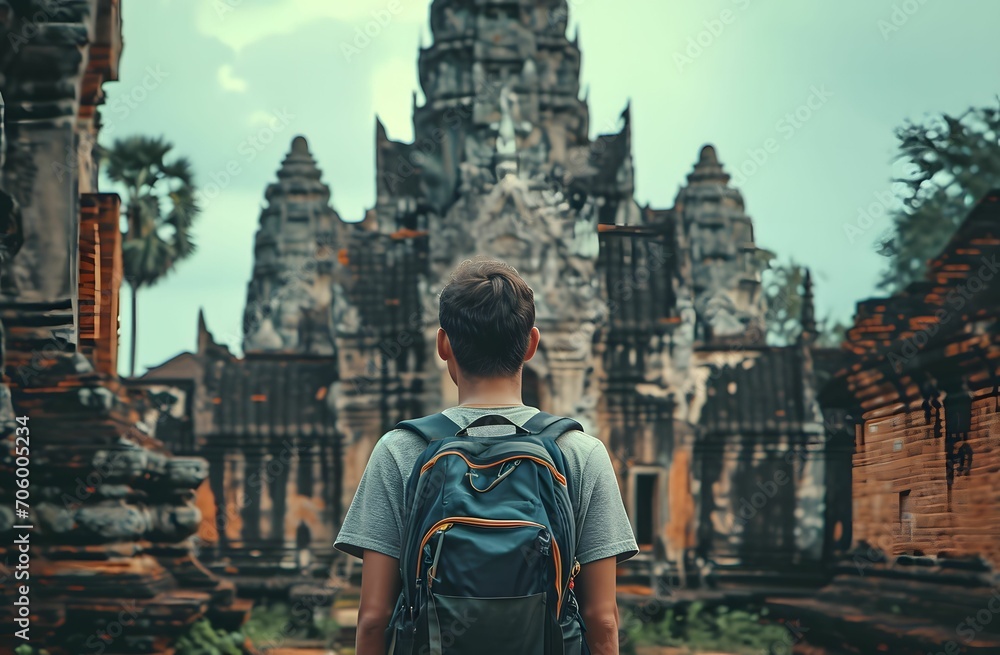 Man Standing in Front of Majestic Temple Building with Backpack, Back View - Traveler's Perspective concept