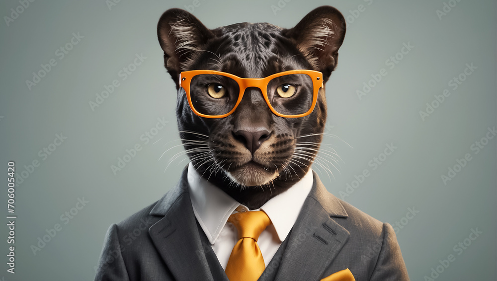 Cute panther wearing glasses and a business character Cute panther wearing glasses and a business character