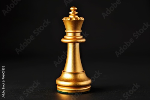 Single golden chess piece, the queen, on a black background