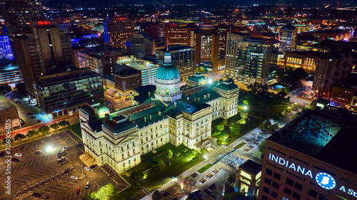 Aerial Nighttime View of Indianapolis Courthouse and Cityscape
