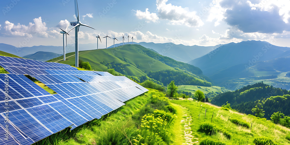 Fazenda solar ou turbinas eólicas em um cenário pitoresco, ilustrando o uso da tecnologia de energia renovável. A imagem transmite sustentabilidade e a mudança para fontes de energia mais limpas - obrazy, fototapety, plakaty 