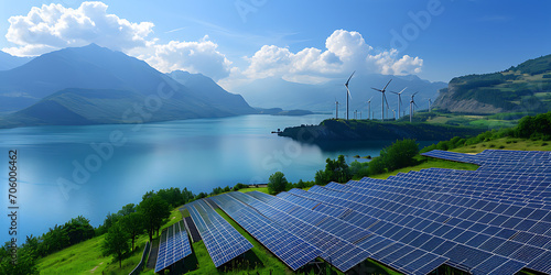 Fazenda solar ou turbinas eólicas em um cenário pitoresco, ilustrando o uso da tecnologia de energia renovável. A imagem transmite sustentabilidade e a mudança para fontes de energia mais limpas