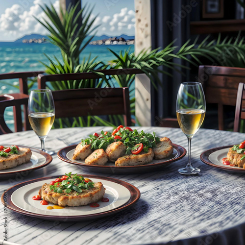 table with food on a balcony with a view at the sea. generative ai
