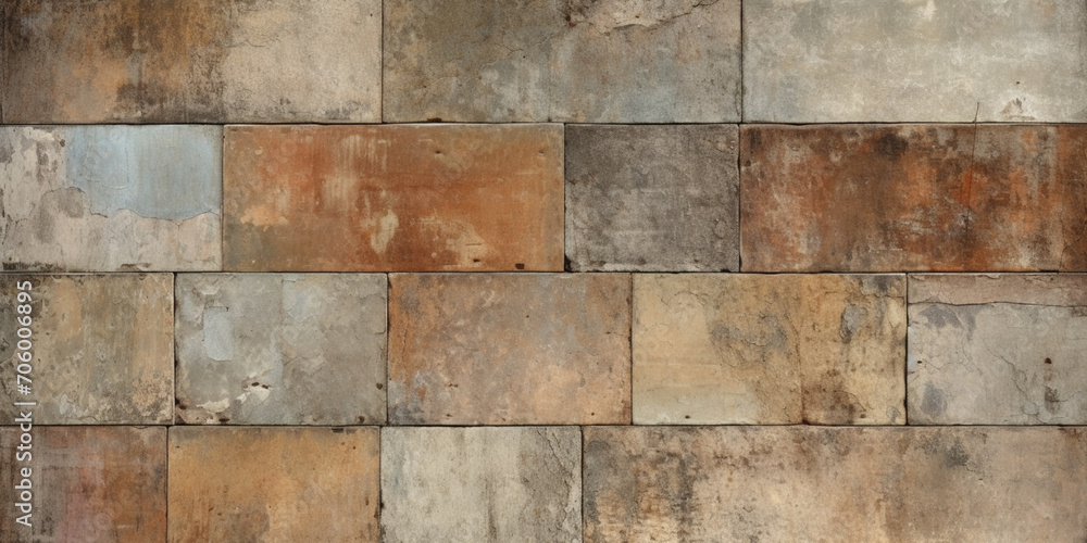 Naklejka premium background with the texture of old vintage worn peeling cement tiles with the effect of a patchwork motif, brown-gray tinting