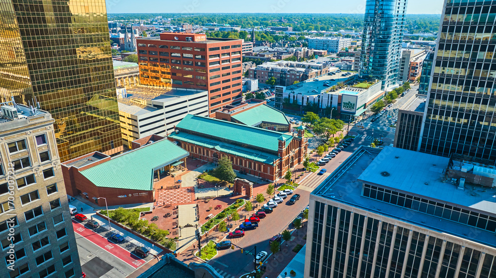 Aerial Downtown Indianapolis Cityscape with Historic Market