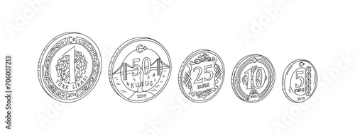 turkish coin vector illustration. hand drawn turkish liras set. one turkish lira, 50 cents, 25 cents, 10 cents, 5 cents. turkish coins