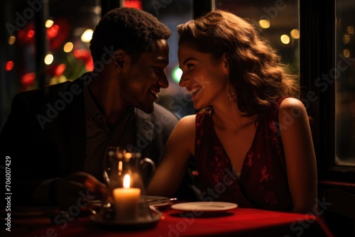 Amidst a warm restaurant ambiance, a happy couple in love shares smiles and laughter, their connection evident in the joyous atmosphere of shared moment and romantic bliss