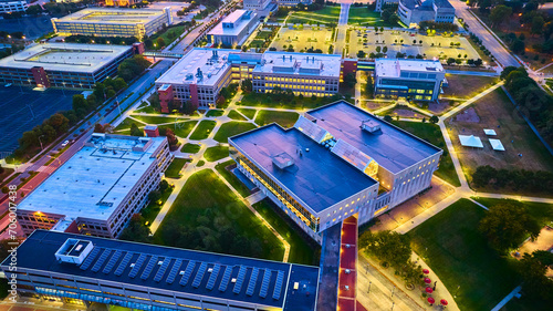 Aerial View of Urban Campus at Dusk with Modern Architecture