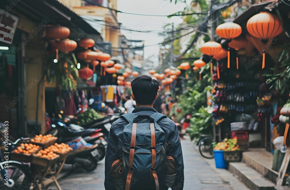 Solo traveler Strolling Down a Charming Narrow Street, Engaging with Street Vendors in Traditional Vietnamese Setting