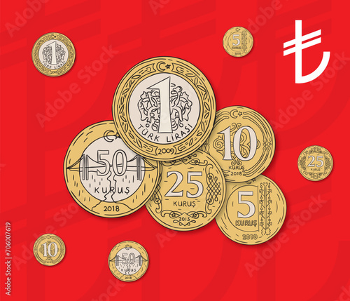 turkish liras, turkish coin hand drawn concept illustration vector