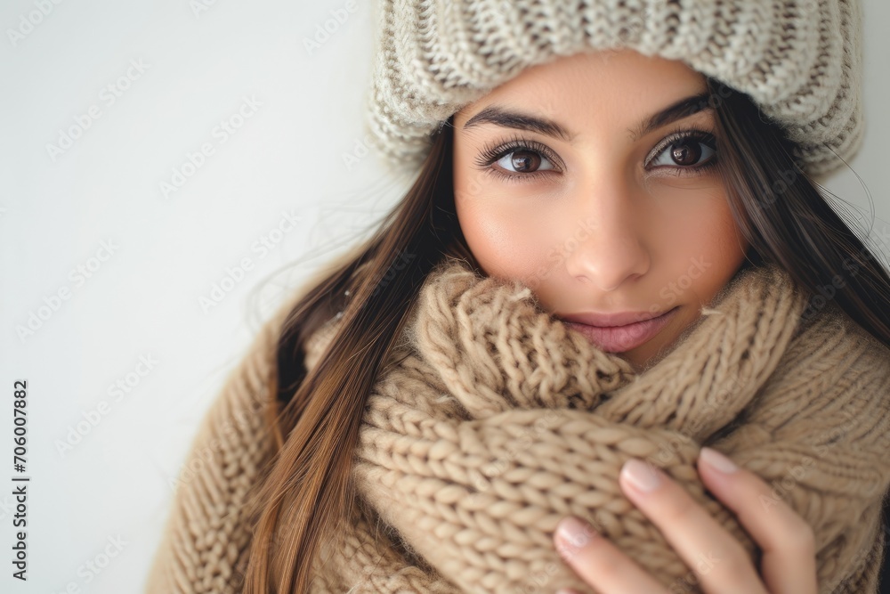 Winter style portrait of a Latino woman, cozy and fashionable, white background