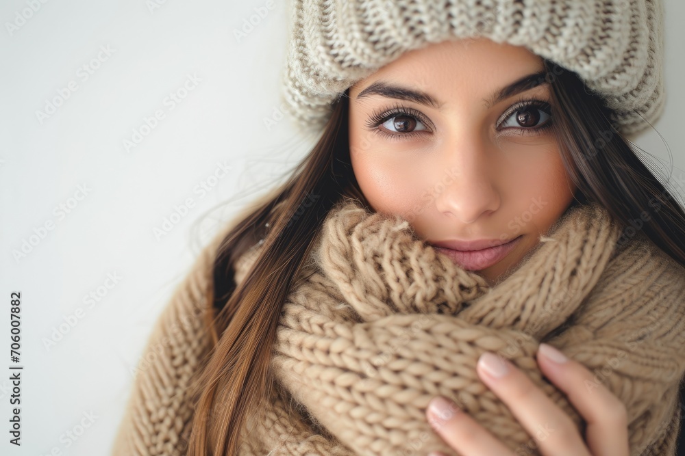 Winter style portrait of a Latino woman, cozy and fashionable, white background Winter style portrait of a Latino woman, cozy and fashionable, white background