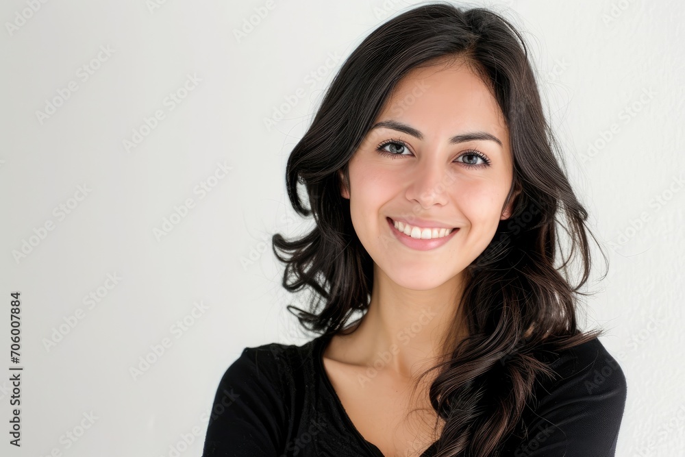 Youthful portrait of a Latino woman, fresh and energetic, white background Youthful portrait of a Latino woman, fresh and energetic, white background