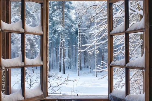 View through the window of a cottage into a snow covered winter forest landscape