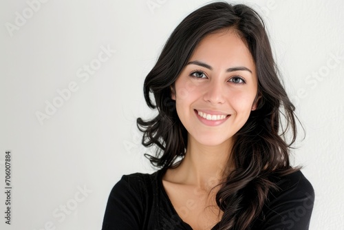 Youthful portrait of a Latino woman, fresh and energetic, white background © furyon
