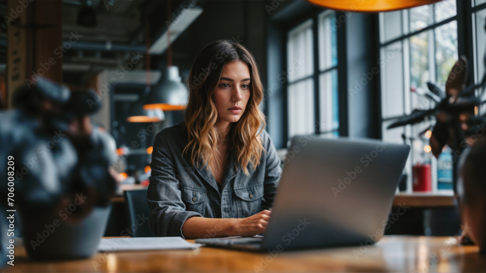 A female student in a coffee shop or school lunch room doing homework or research on her laptop. A female student in a coffee shop or school lunch room doing homework or research on her laptop.