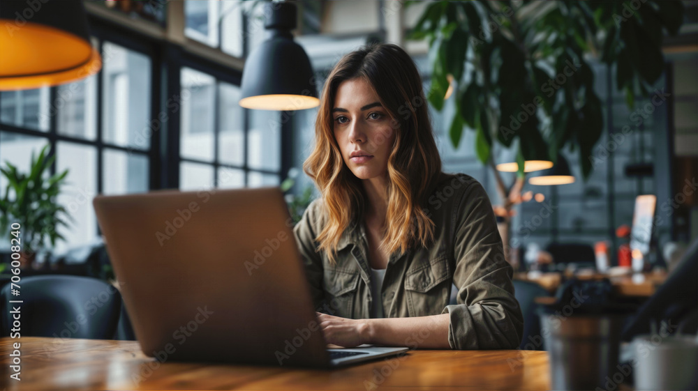 A female student in a coffee shop or school lunch room doing homework or research on her laptop. A female student in a coffee shop or school lunch room doing homework or research on her laptop.