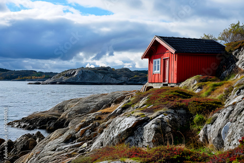 A little red cabin nestled along the Scandinavian coastline.