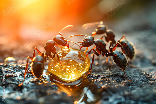 A depiction of black ants collectively feasting on a honey drop, symbolizing the concepts of teamwork, hard work, and unity. photo