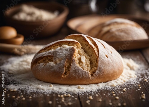 Freshly baked bread on wooden table with flour.