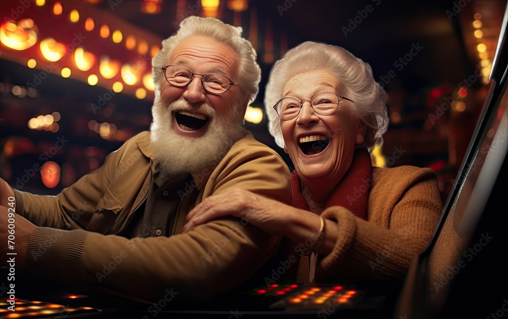 Happy senior couple winning jackpot in casino