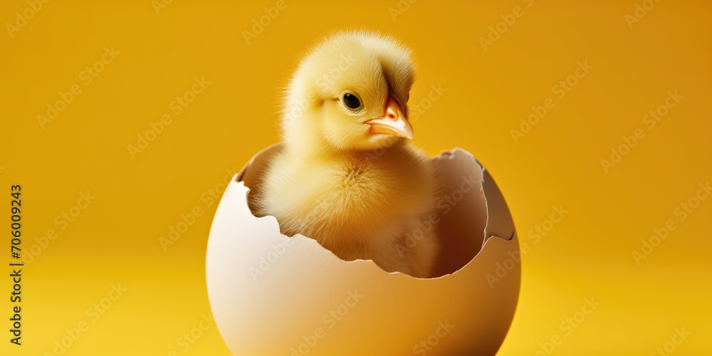 A baby chicken sitting inside of an egg shell. A baby chicken sitting inside of an egg shell.